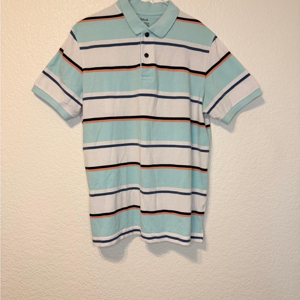 Splash Men's Polo Shirt - Aqua, White, and Black Stripes